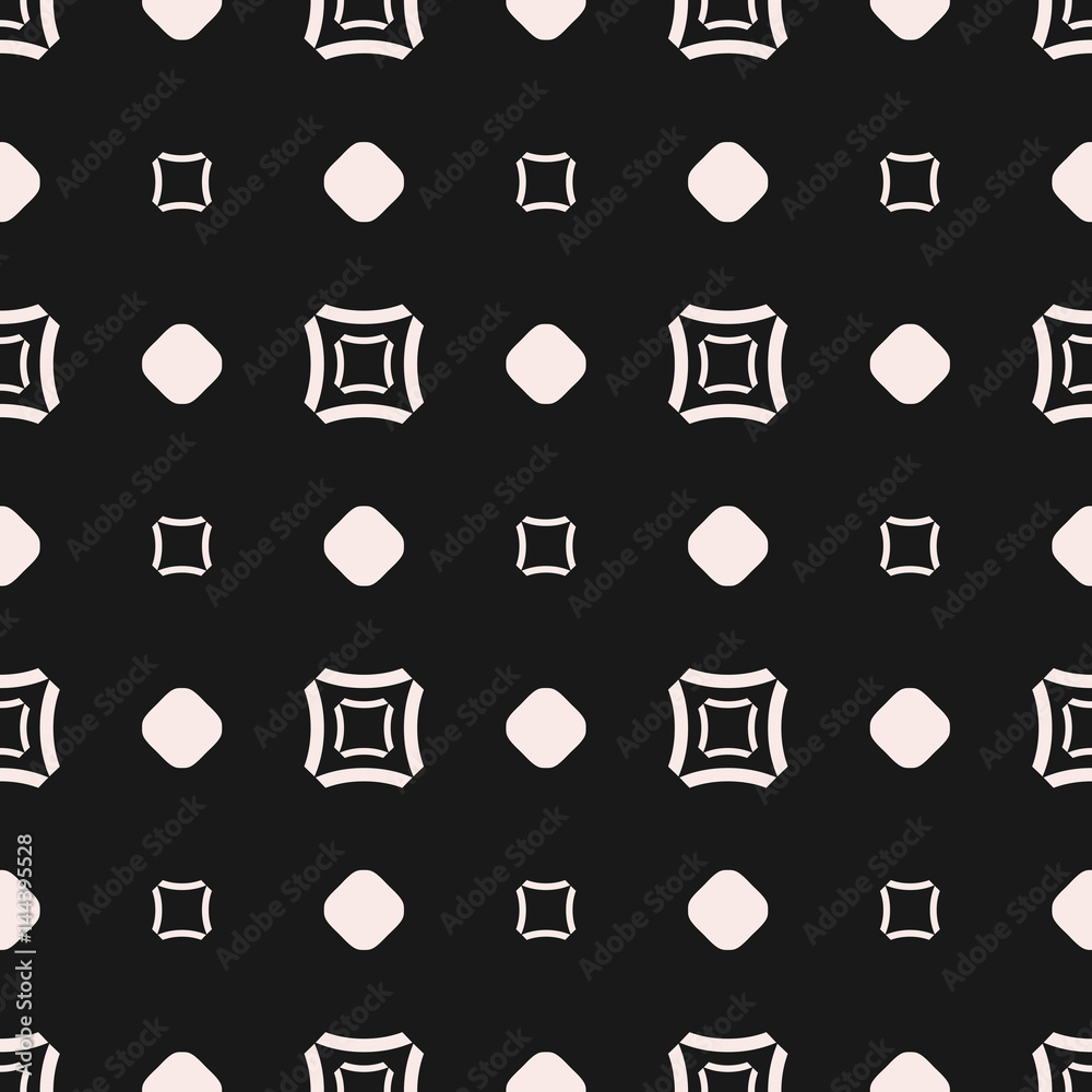 Vector seamless pattern, subtle geometric monochrome texture with simple figures, smooth outline squares, circles, staggered grid. Abstract dark repeat background. Design for tileable print, digital