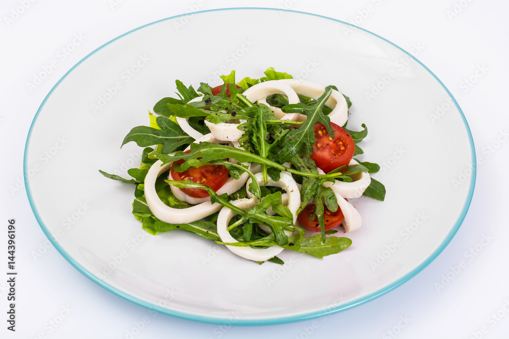 Cooked squid, fresh arugula, tomatoes, oil, spices Cooked squid, fresh arugula, tomatoes, oil, spices