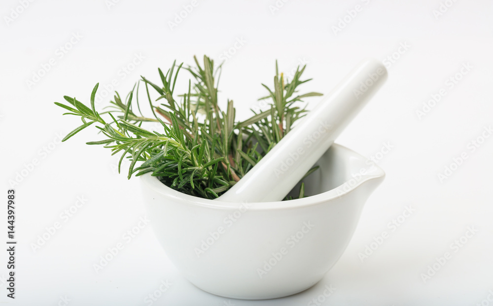 Rosemary in a mortar on white background