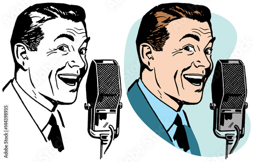 A smiling man speaking into a vintage microphone