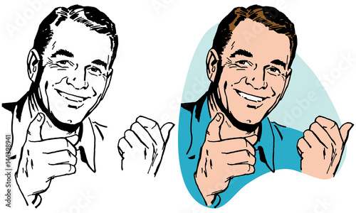 A handsome masculine man pointing and smiling