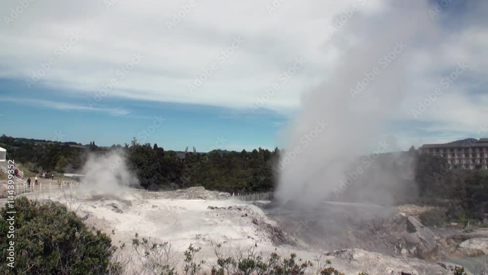 Geysers hot springs on background of forest and sky horizon in New Zealand. Beautiful amazing nature. Travel and tourism in the world of wildlife. Geysers hot springs on background of forest and sky horizon in New Zealand. Beautiful amazing nature. Travel and tourism in the world of wildlife.