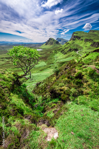Sunny day in Quiraing to valley in Scotland, UK