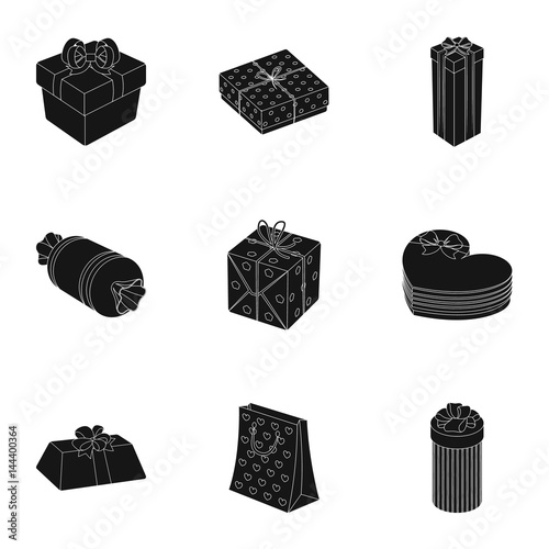 A set of pictures gifts. Gifts for different holidays, surprises. Gift packaging.Gifts and cert icon in set collection on black style vector symbol stock illustration.