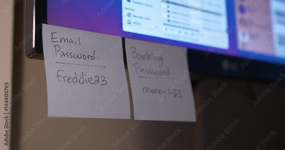 A person places Post-It password reminders on a computer monitor.  	