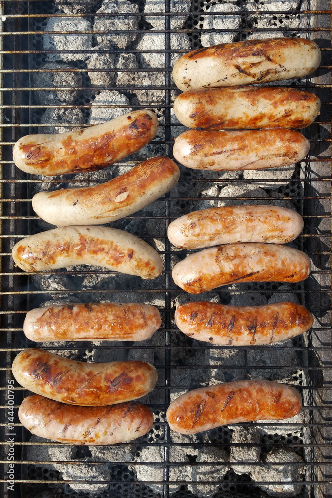 Sausages on the grill. View from above.