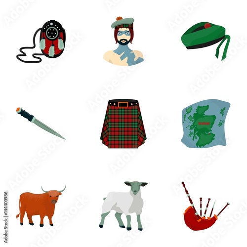 National symbols of Scotland. Scottish attractions. Scotland country icon in set collection on cartoon style vector symbol stock illustration.