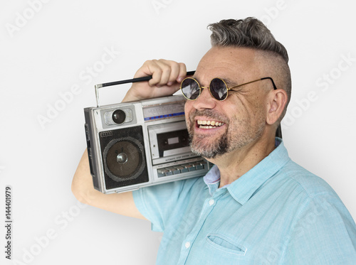 Caucasian Man Holding Jukebox Smile