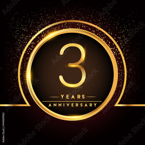 three years birthday celebration logotype. 3rd anniversary logo with confetti and golden ring isolated on black background, vector design for greeting card and invitation card.
