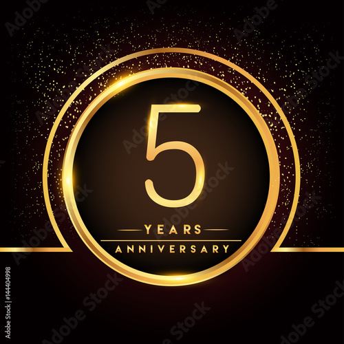 five years birthday celebration logotype. 5th anniversary logo with confetti and golden ring isolated on black background, vector design for greeting card and invitation card.