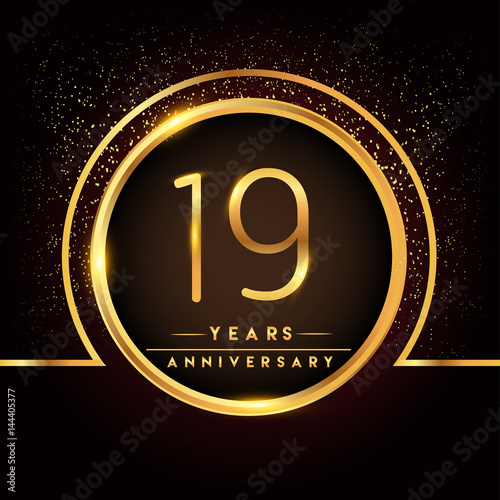 nineteen years birthday celebration logotype. 19th anniversary logo with confetti and golden ring isolated on black background, vector design for greeting card and invitation card.