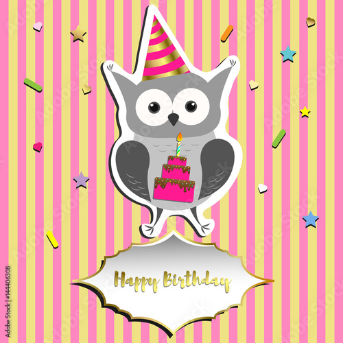 Happy Birthday greeting card design. Cute owl with birthday cake.  Vector illustration