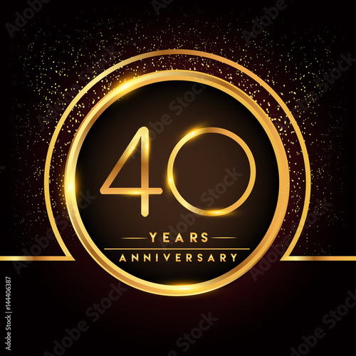 forty years birthday celebration logotype. 40th anniversary logo with confetti and golden ring isolated on black background, vector design for greeting card and invitation card.