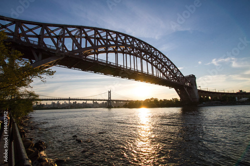 Hell Gate Bridge and Triborough bridge with sunset, New York