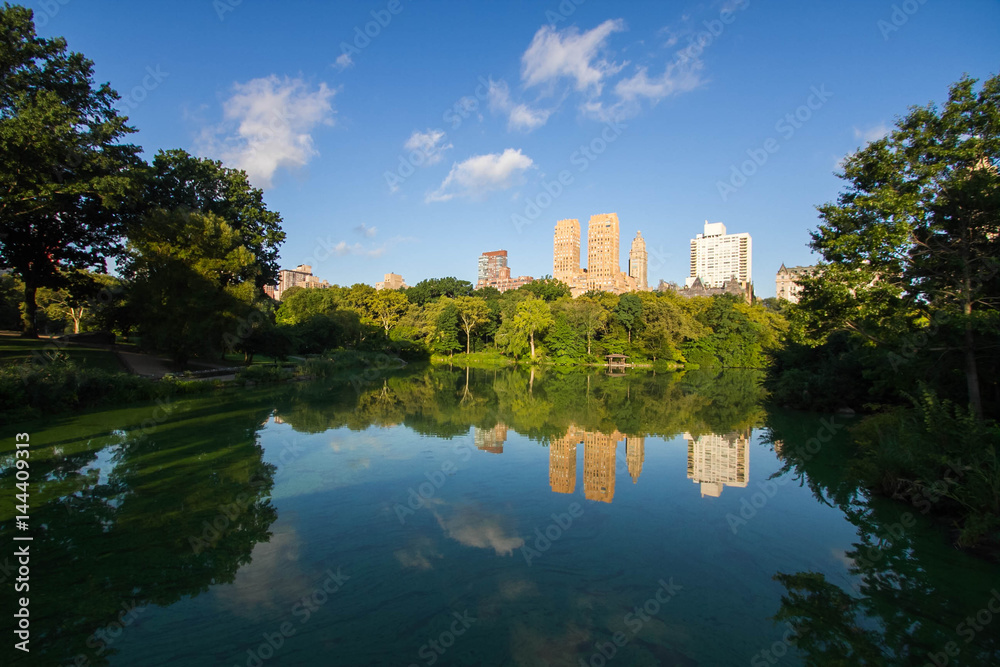 Buildings in Manhattan and trees reflect on the clearly lake at Central Park Buildings in Manhattan and trees reflect on the clearly lake at Central Park
