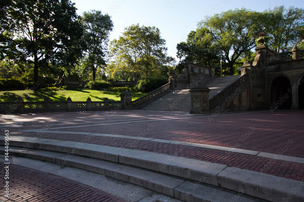 Staircase of Bethesda Terrace under the shade at Central Park
