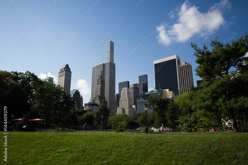 Buildings of Manhattan behind Central Park with blue sky