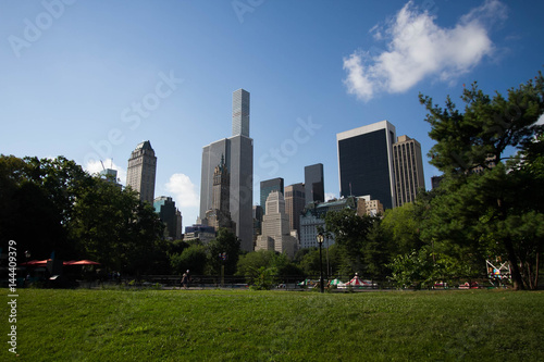 Buildings of Manhattan behind Central Park with blue sky