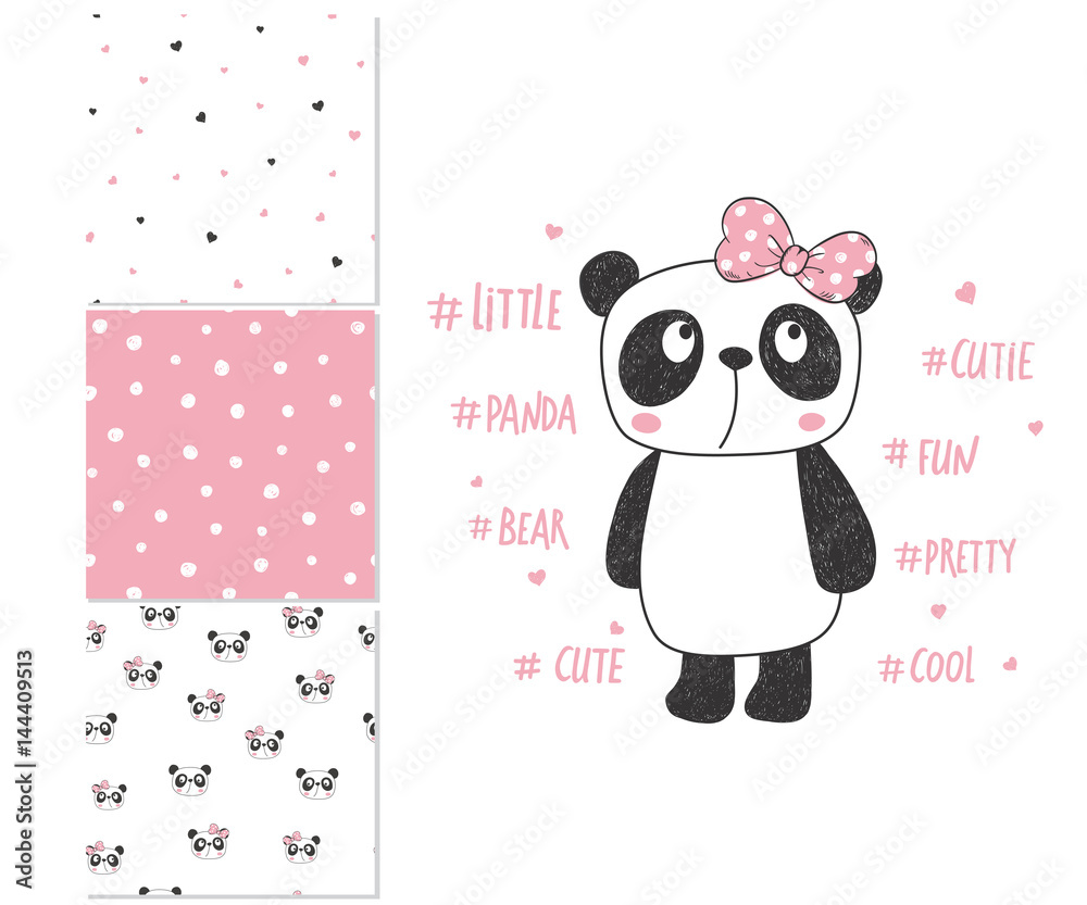 Fototapeta premium Cute little panda. Surface design and 3 seamless patterns