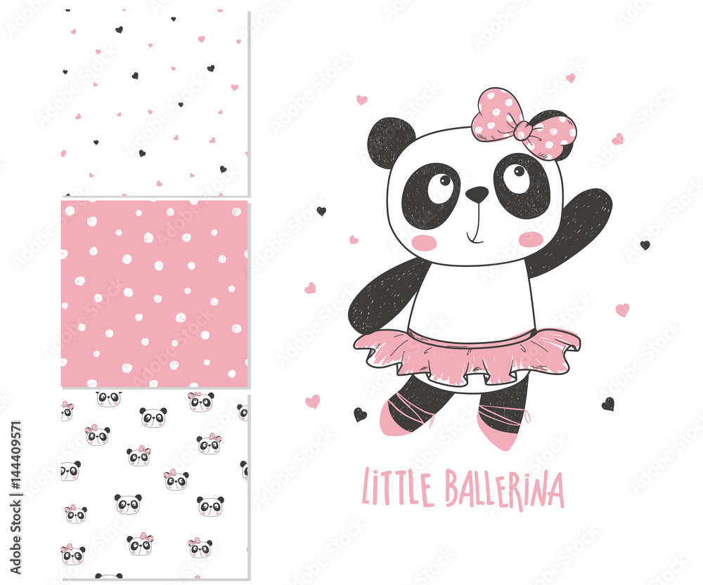 Obraz premium Mała panda baleriny. Projekt powierzchni i 3 jednolite wzory