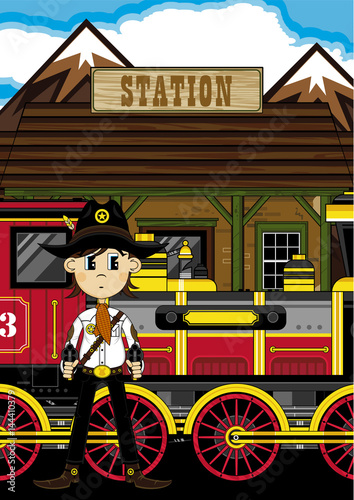 Cartoon Cowboy at Train Station