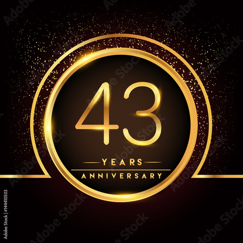 forty three years birthday celebration logotype. 43rd anniversary logo with confetti and golden ring isolated on black background, vector design for greeting card and invitation card.