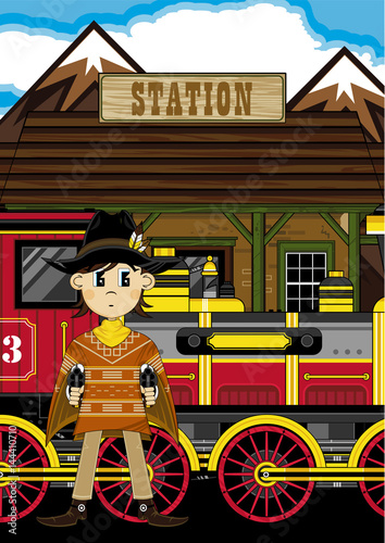 Cartoon Cowboy at Train Station