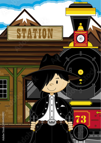 Cartoon Cowboy at Train Station