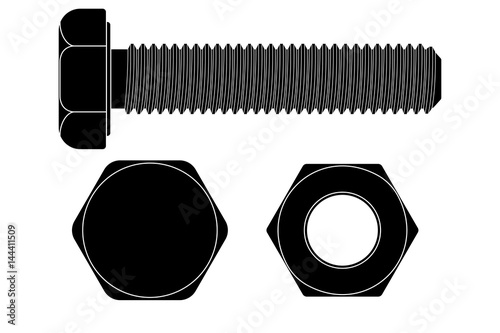 Bolt and nut. Black closeup icons