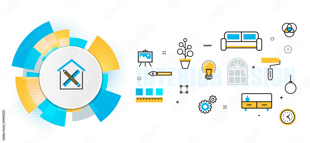 Flat line vector design concept of interior design, furniture, painting ...