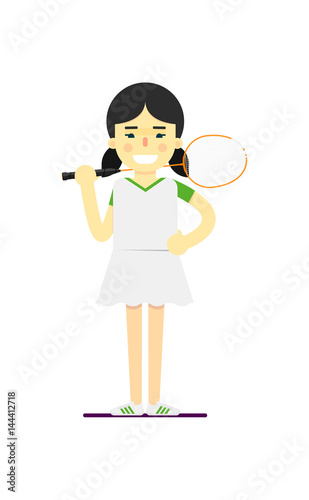 Smiling badminton sportswoman with racket vector illustration isolated on white background. Sport competition concept, athlete personage in flat design.