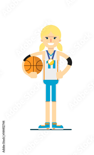 Smiling woman basketball player with ball vector illustration isolated on white background. Sport competition concept, sportswoman personage in flat design.