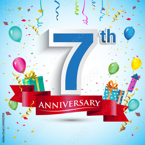 7th Years Anniversary Celebration Design, with gift box and balloons, Red ribbon, Colorful Vector template elements for your seven birthday celebrating party.