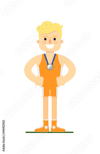 Athlete man winning silver medal vector illustration isolated on white background. Sport competition concept, sportsman personage in flat design.