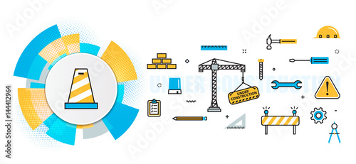 Flat line vector design concept of under construction, web page building, presentation template banner for website header and landing page in circles digital element, linear, timeline, infographics