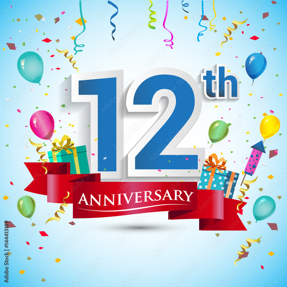 12th Years Anniversary Celebration Design, with gift box and balloons, Red ribbon, Colorful Vector template elements for your twelve birthday celebrating party.