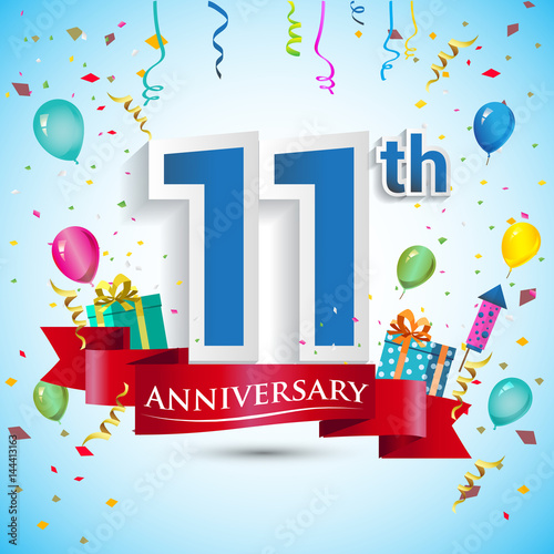 11th Years Anniversary Celebration Design, with gift box and balloons, Red ribbon, Colorful Vector template elements for your eleven birthday celebrating party.