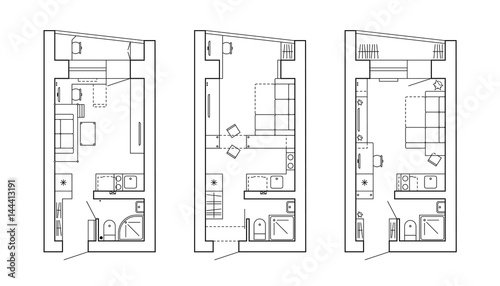 Architectural plan of a house. Layout of the apartment with the furniture in the drawing view. With kitchen and bathroom, living room and bedroom. Graphic design elements. Black and White outline layo