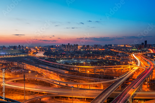 panoramic view of Shanghai overpass road intersection at night  in China.