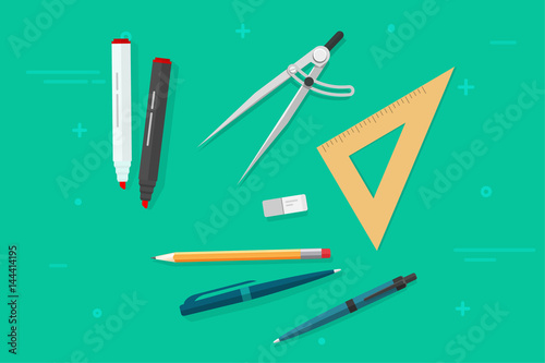Pen, pencils, eraser, triangle rulers, marker, biro pen, compass divider, flat style top view vector illustration, stationery objects isolated