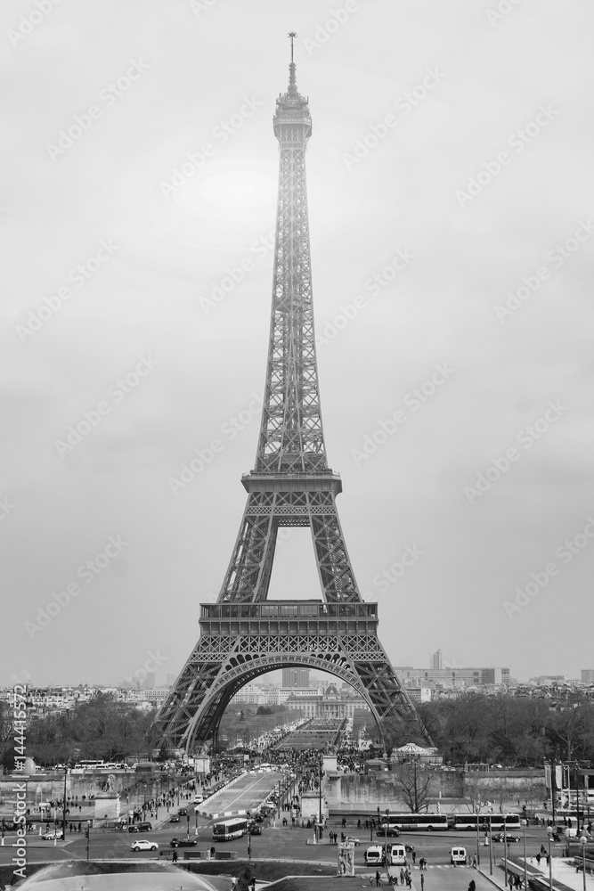 The Eiffel tower is one of the most recognizable landmarks in the world under sun light,selective focus,Black and white