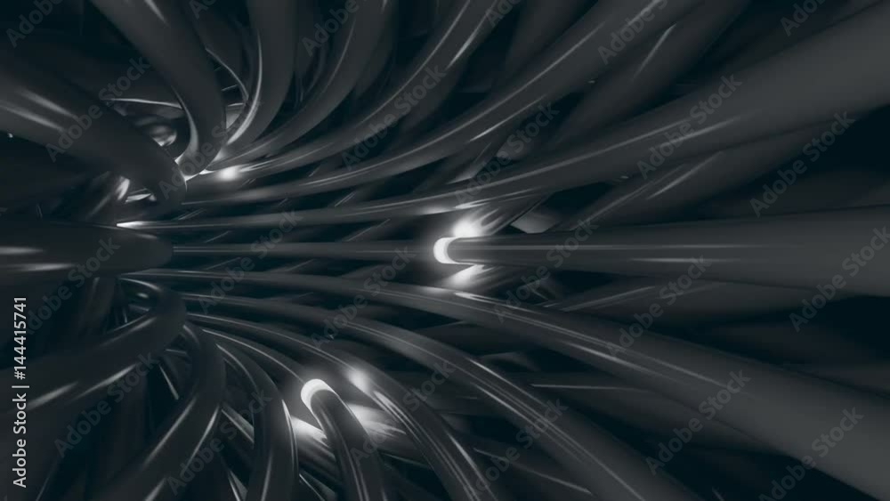 Multiple grey cables, wires and trasmitting data signals, seamless loop. Information technology or future concept. 4K motion background