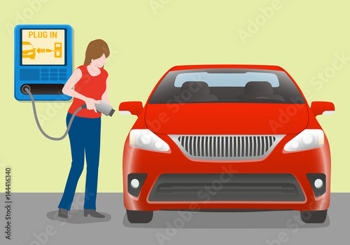 woman charging power to vehicle from wallbox charging station.
