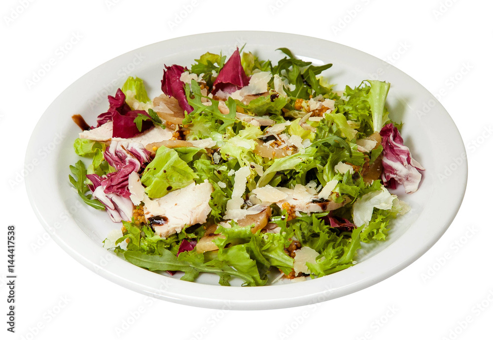 Fresh salad with chicken, lettuce, parmesan, mustard and arugula.  Isolated on white background.