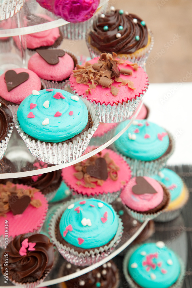 Wedding Cake Cupcake Tower Pink and Blue Icing Wedding Cake Cupcake Tower Pink and Blue Icing