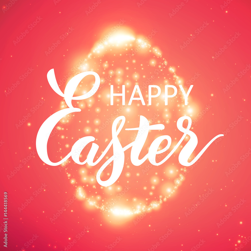 The Easter shining egg of glowing points. Sparkling egg on colorful red background with tiny flares and beautiful handwritten calligraphy. Happy Easter lettering.