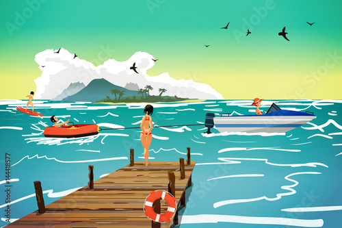 Sea landscape summer beach. Motor boat pulls a banana in tow. The girl is standing on a wooden pier. Vector flat cartoon illustration.