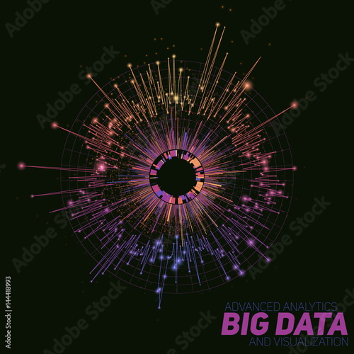 Vector abstract colorful round big data visualization. Futuristic infographics design. Visual information complexity. Intricate data threads graphic. Social network, business analytics representation