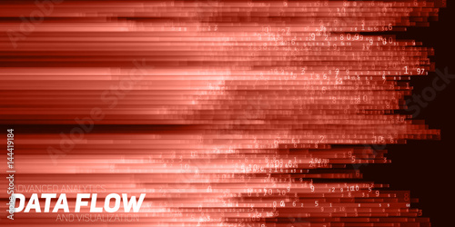 Vector abstract big data visualization. Red flow of data as numbers strings. Information code representation. Cryptographic analysis. Bitcoin, blockchain transfer. Stream of encoded data.