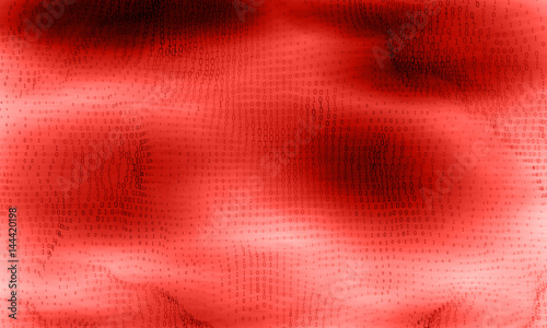Vector abstract big data visualization. Red glowing data flow as binary numbers. Computer code representation. Cryptographic analysis, hacking. Bitcoin, blockchain transfer. Pattern of program code
